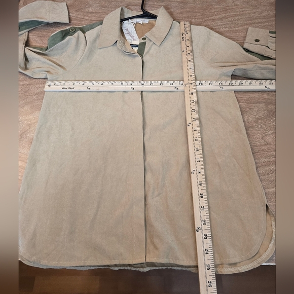 🔴 Mystree Womens Sude Button Shirt Button Design Arms Military Tan Small - Picture 8 of 11